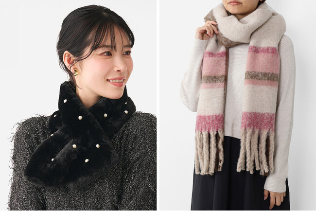 冬の首元に華やかさと快適さを。KEYUCAのパール付きティペット＆静電気防止マフラーが登場