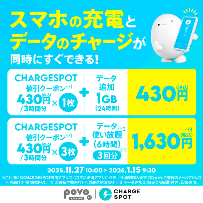 povo、スマホ充電レンタル「CHARGESPOT」とデータがセットになったトッピングを期間限定提供