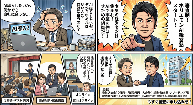審査制の「ホリエモンAI経営塾」スタート、AIを導入したい経営者が集まる勉強会組織に