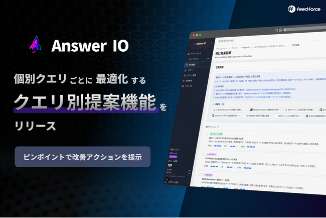 フィードフォース、AEOサービス「Answer IO」にクエリ別AI改善提案機能を追加、個別クエリごとの最適化でAI検索流入を強化