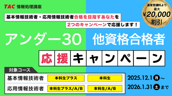 ＼TACは皆様を全力で応援します！／TAC情報処理講座が期間限定「U30応援キャンペーン＆他資格合格者応援キャンペーン」実施中！