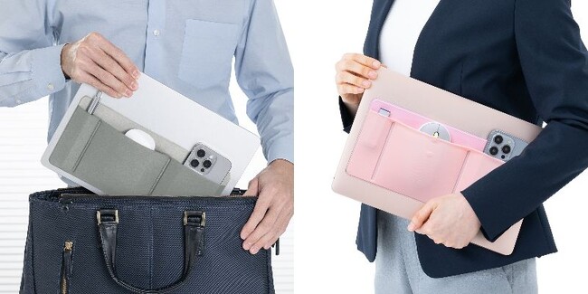ノートPCに貼るだけ！周辺機器もまとめて持ち運べる、ノートPC用ガジェットポーチに新色が登場
