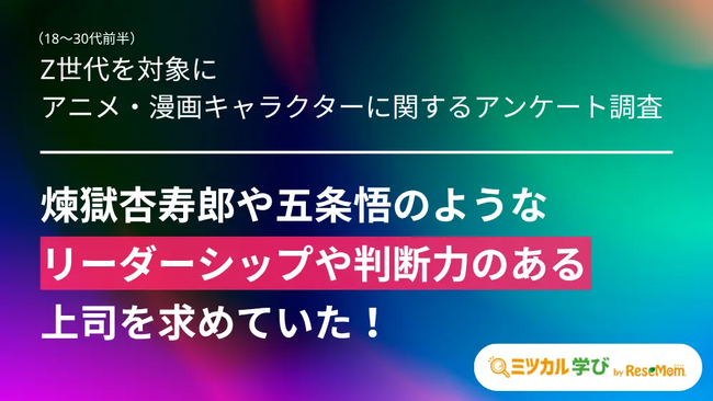 【Z世代の理想の上司「熱血・煉獄杏寿郎」と「冷静・五条悟」が二大トップ】「ミツカル学び」がZ世代へ「アニメ・漫画キャラクター」に関するアンケート調査を実施！