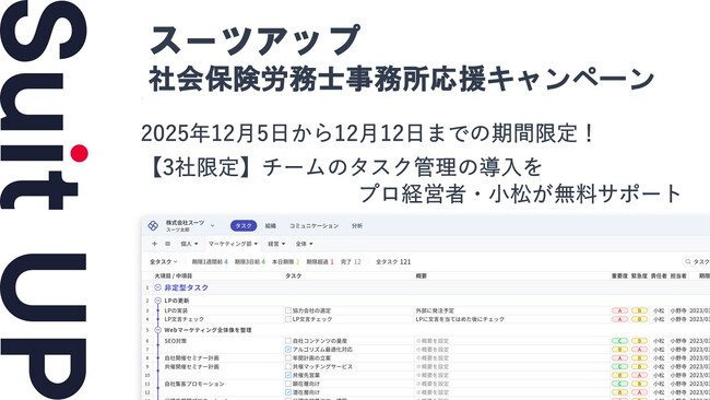 チームのタスク管理・プロジェクト管理ツール「スーツアップ」、社会保険労務士事務所応援キャンペーン