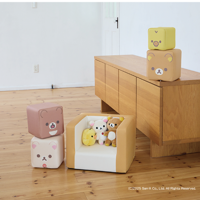 リラックマファンにおススメ！、iebito新商品『キッズチェアクッション』発売 ― 推しのぬいぐるみを飾ってもカワイイ快適アイテム 12/5より受注開始！