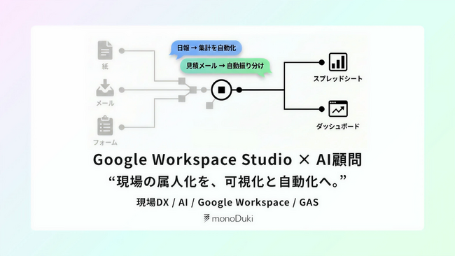 monoDuki合同会社、Google Workspace新機能「Google Workspace Studio」に正式対応 AI顧問サービスで“属人化した現場業務”を可視化・自動化する伴走支援を開始