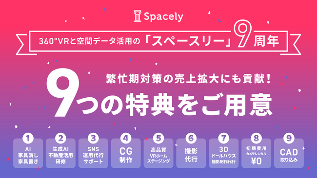 9周年を迎える360°VRと空間データ活用の「スペースリー」生成AIと人の協働でAI社会実装を推進！不動産住宅業の繁忙期対策に役立つ9つのプレゼントキャンペーンを実施