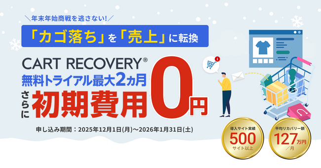 カゴ落ち対策ツール『CART RECOVERY(R)（カートリカバリー）』。初期費用無料キャンペーンを実施いたします！年末年始の商戦期を逃さないためにも早めのカゴ落ち対策を！