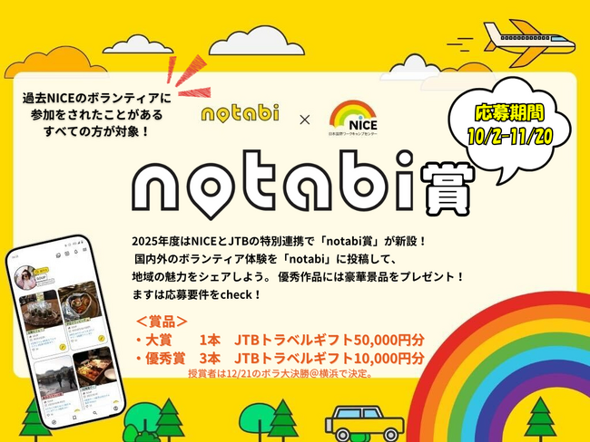 国際ボランティアNGO「NICE」、12月21日に“国際ボランティア大賞2025 全国大会決勝” を開催 - 地方大会４ヵ所から決勝に進んだ９名が集結、JTB連携の「notabi賞」授賞者も決定。