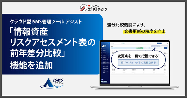 クラウド型ISMS管理ツール『ISMSアシスト』、リスクの見直しと審査準備の効率化を実現する『情報資産リスクアセスメント表の前年差分比較』機能を追加 ― 審査準備をスムーズにし、運用負荷を大幅に軽減。