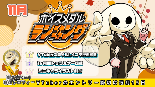 CrossVision、V-tampにおける11月度「ボイスメダル」販売数トップ5のVTuberランキングを発表