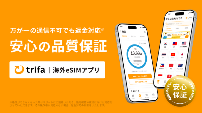 海外eSIMアプリ「トリファ」、通信トラブル時に料金を返金する「品質保証」を開始