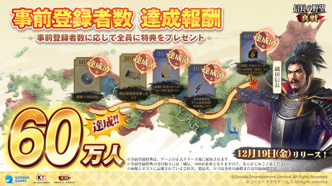 新世代SLG×RPG『信長の野望 真戦』事前登録者数60万人突破！12月18日（木）より事前ダウンロード開始、βテスト体験プレイヤーから高評価の声続々！