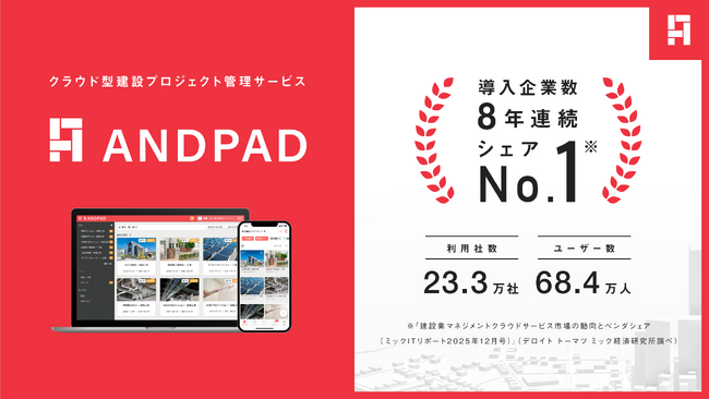 アンドパッド、建設業マネジメントクラウドサービス市場において導入企業数8年連続シェアNo.１を獲得