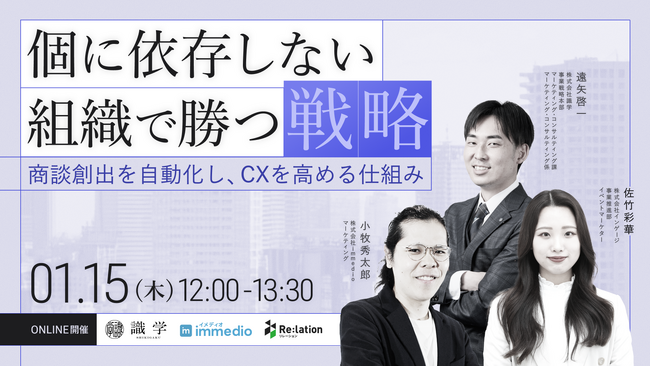 【1/15開催】immedio、識学・インゲージと3社合同ウェビナー「個に依存しない、組織で勝つ戦略」に登壇決定。商談創出の自動化による「再現性の高い営業組織」の作り方を解説