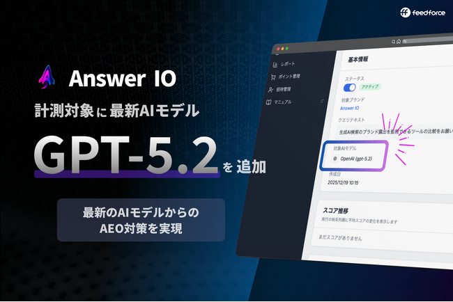 フィードフォース、AEOサービス「Answer IO」がOpenAIの最新モデル「GPT-5.2」に対応、実際にユーザーが使うChatGPTでのブランド可視性測定を実現