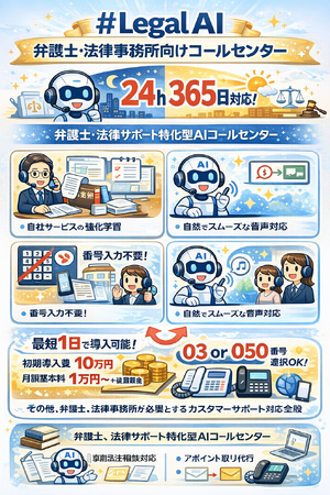 Legal AI - 【弁護士・法律事務所特化型】「AIコールエージェント」誕生。24時間365日、事前相談からアポ調整までAIが完結