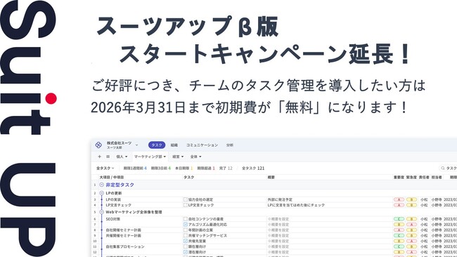 チームのタスク管理・プロジェクト管理ツール「スーツアップ」β版スタートキャンペーン延長（2026年3月末まで）のお知らせ