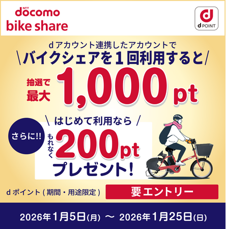 バイクシェアサービスにおいて「バイクシェアサービス利用でdポイントがもらえるキャンペーン」を開催