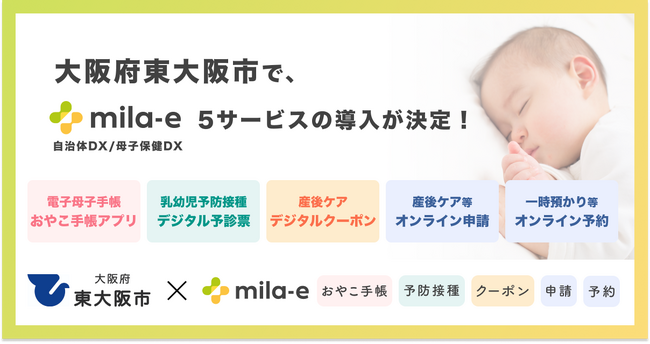 ミラボ、大阪府 東大阪市で 母子保健DX「mila-e」の母子手帳アプリ、デジタル予診票、産後ケアクーポン、オンライン申請・予約の提供を開始