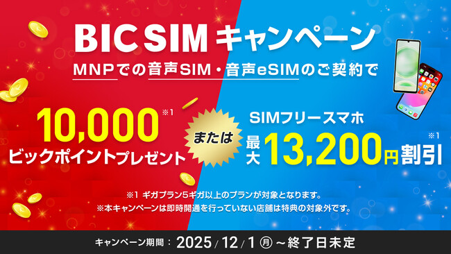 【BIC SIM】新春・スマホ買替を応援！店舗申込限定で最大13,200円割引や10,000ポイント還元、人気の15GBプランが月額900円～利用可能に