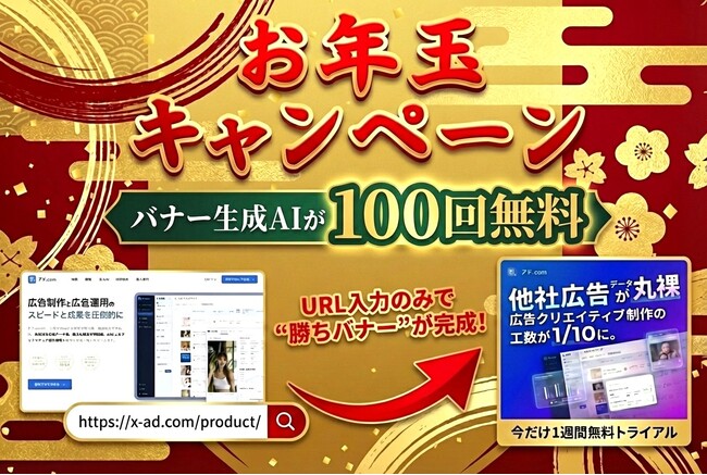 【お年玉キャンペーン】URLを入力するだけで“勝てる”バナー広告が完成！Web広告分析ツール「アド.com」が、バナー生成AI「100回無料」正月特別企画を開催