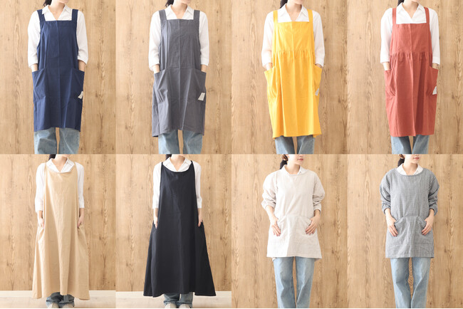 正月モードから日常へ。新年の家事スイッチを入れる「新作エプロン4種（クロス/ギャザー/ワンマイル/割烹着）」を発売。
