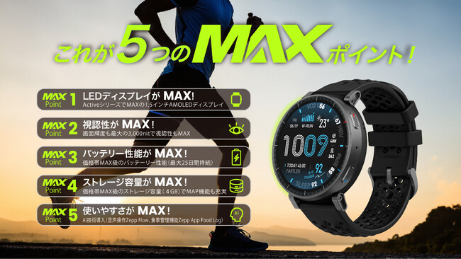 2026年、新たな挑戦をスタートするあなたへ！ 「5つのMAX」で進化した『Amazfit Active Max』1月21日発売決定！