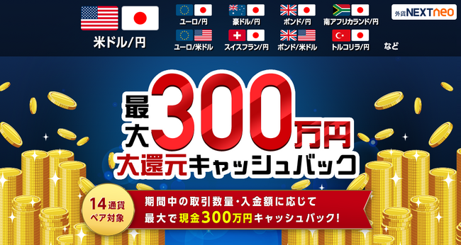「取引数量・入金額に応じて最大300万円！大還元キャッシュバックキャンペーン」実施！