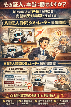 Legal AI - AIが証人の「矛盾」を見抜き、完璧な反対尋問を生成する「AI証人尋問シミュレーター」提供開始。AIが尋問技術を駆使し「勝てる尋問シナリオ」を完全設計