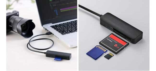 SD/microSDに加えてコンパクトフラッシュも。1台で3種類のカードに対応するケーブル一体型メモリーカードリーダーを新発売