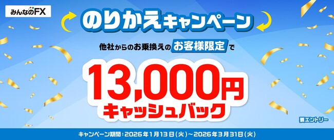 【みんなのFX】「13,000円キャッシュバック!のりかえキャンペーン」を開催!