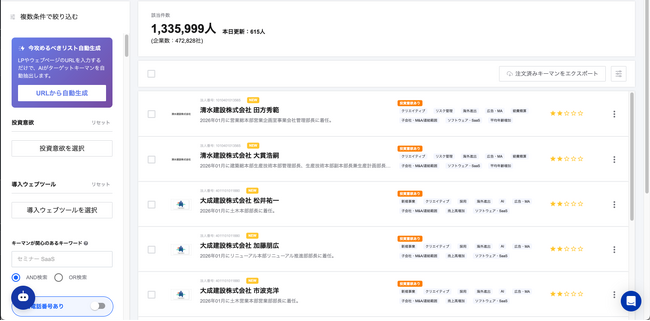 130万人の大企業役職者「キーマンデータベース」から今貴社が狙うべきターゲットリストを10秒で生成する機能をローンチ
