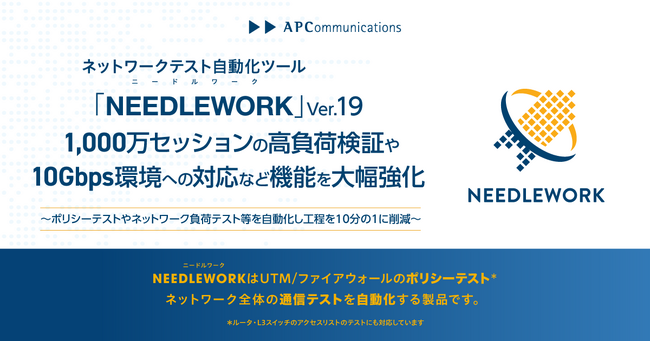 SIer導入実績多数のネットワークテスト自動化ツール「NEEDLEWORK」最新版（Ver.19）をリリース、1,000万セッションの高負荷検証や10Gbps環境への対応など機能を大幅強化