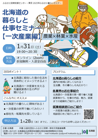 北海道の暮らしと仕事セミナー【一次産業（農業・林業・水産）のお仕事編】を１月31日（土）に開催します！