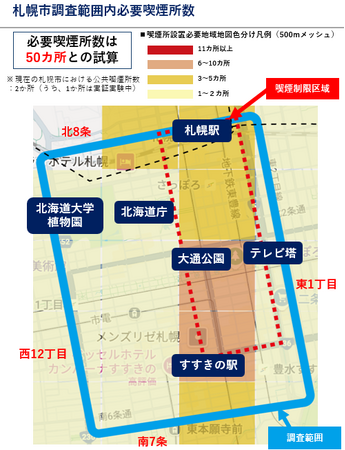 札幌市大通公園周辺に必要な喫煙所数は50か所