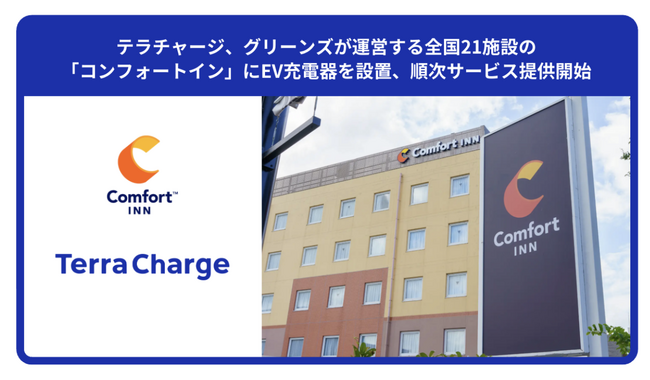 テラチャージ、グリーンズが運営する全国21施設の「コンフォートイン」にEV充電器を設置、順次サービス提供開始