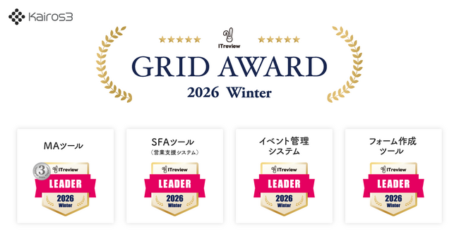 MA+SFA一体型ツール「Kairos3」、「ITreview Grid Award 2026 Winter」MAツール部門にて最高位「Leader」を13期連続受賞