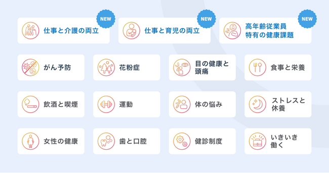 「FiNCウェルネスラーニング」に仕事と介護・育児の両立や、 高年齢従業員の健康課題など3つの新カテゴリを追加