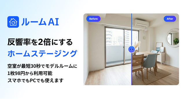 【業界最安級】1枚98円～で空室がモデルルームに。AIホームステージング「ルームAI」提供開始。 ～反響率114%増*の期待も。月額9,800円の定額制で、仲介・管理会社の「客付力」を底上げ～