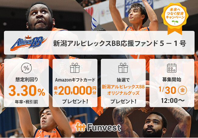 貸付型クラウドファンディング「Funvest」1/30より新ファンド「新潟アルビレックスBB応援ファンド５-１号」の募集開始
