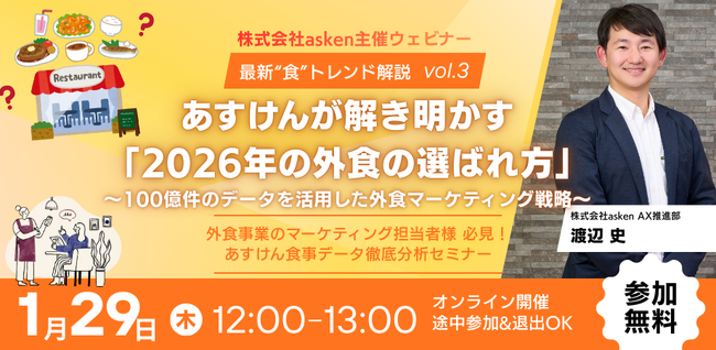 2026年、外食マーケティング戦略の“正解”とは？100億超の『あすけん』ビッグデータから “外食で選ばれる方法”を徹底解説！【1/29無料ウェビナー開催】