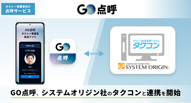 タクシー事業者向け自動点呼サービス『GO点呼』がシステムオリジンタクシー総合管理システム『タクコン』と連携