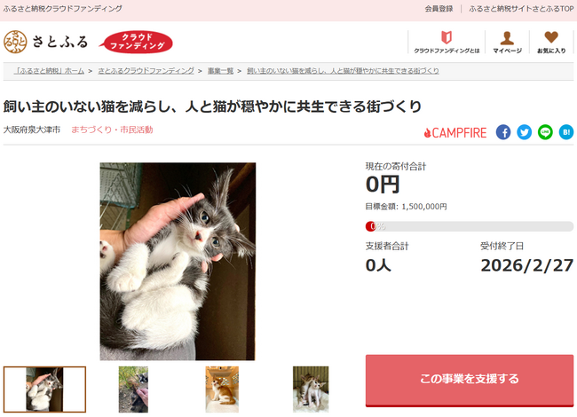 大阪府泉大津市とさとふる、地域猫の支援と市民への啓蒙活動を通し人と猫が共生する社会の実現に向け、寄付受け付けを開始