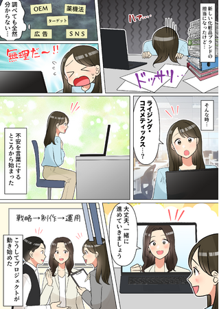 スタートアップ企業の化粧品ローンチを伴走支援企画。OEM・広告制作・PRまで一気通貫。株式会社ライジング・コスメティックスが漫画を活用したブランド支援を強化