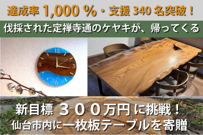 目標1000%を達成！仙台・定禅寺通の伐採木を活用するクラウドファンディング「ケヤキのつづき」。次なる挑戦として、仙台市の施設へ「ケヤキの一枚板テーブル」の寄贈を目指すネクストゴールを開始。
