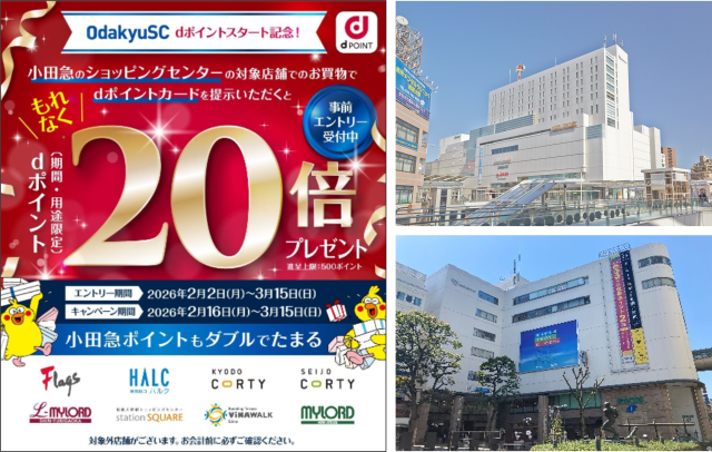 小田急沿線の大型ショッピングセンター8施設で、2月16日(月)～3月15日(日)にて「小田急のショッピングセンターdポイントスタート記念！もれなく20倍キャンペーン」を開催