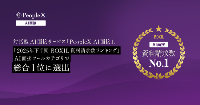 対話型AI面接サービス「PeopleX AI面接」、「2025年下半期 BOXIL資料請求数ランキング」AI面接ツールカテゴリで総合1位に選出