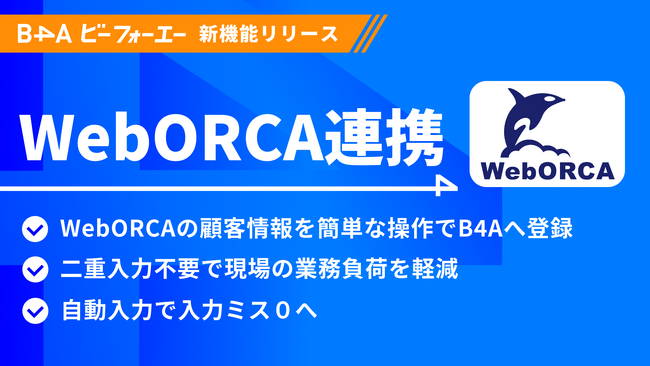 自由診療クリニック特化型のDXツール『B4A（ビーフォーエー）』が、保険診療用の電子カルテに登録した顧客情報をスムーズにB4Aへ反映できる新機能「WebORCA連携」をリリース。