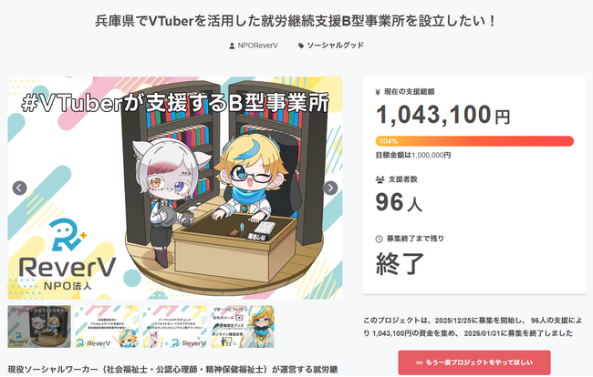 クラウドファンディングで1,043,100円（104%）達成、支援者96人-設備整備を進め、VTuberが支援するB型事業所3月15日に開所へ